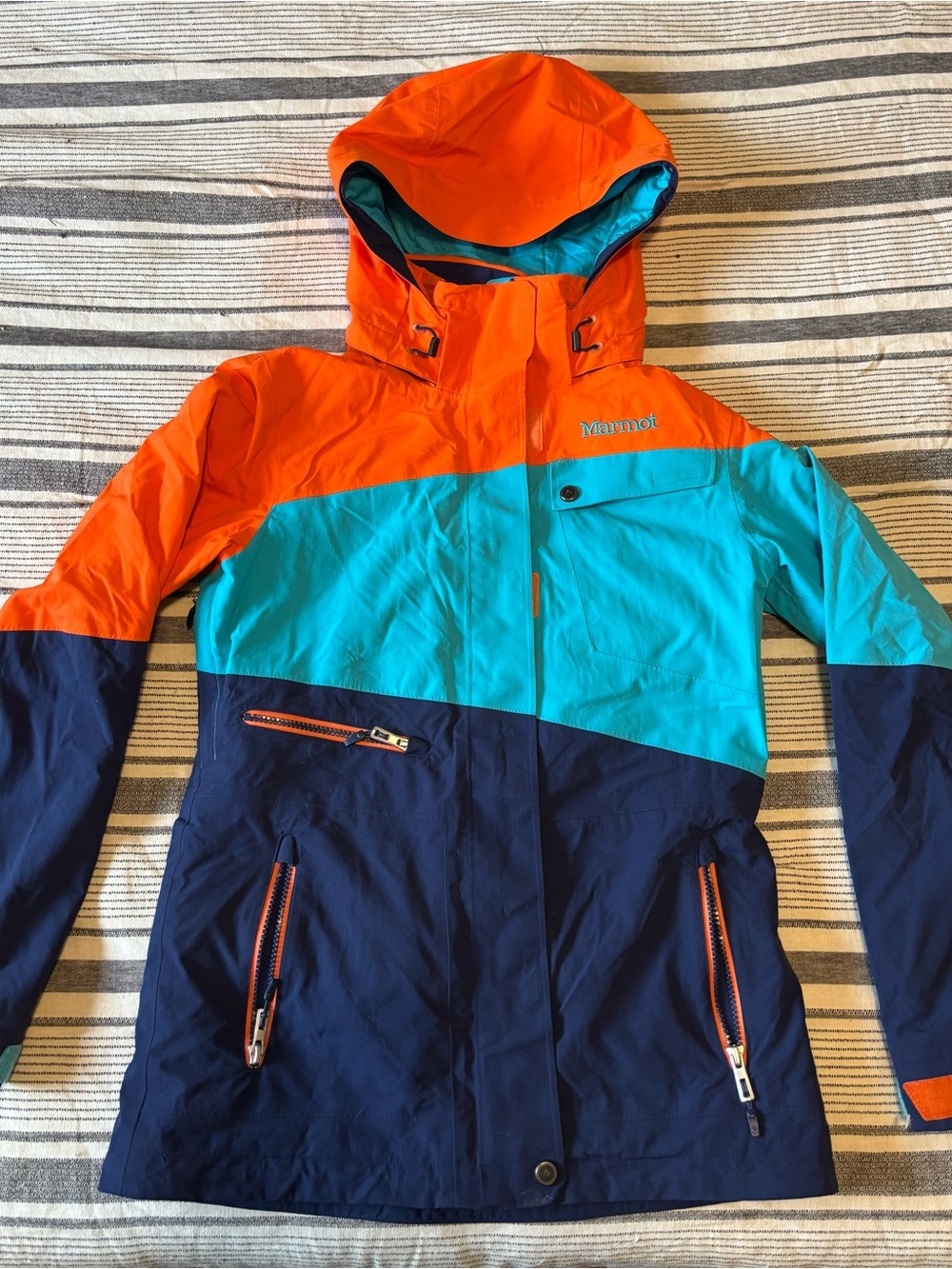 Marmot Men’s Small Hooded Colorblock Rain Jacket in Orange, Teal & Navy
